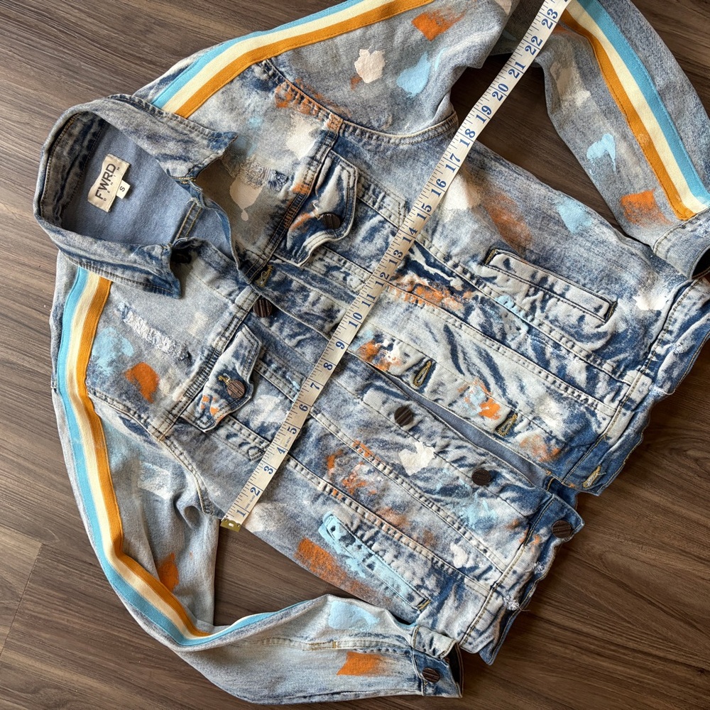 FWRD Denim Ice Blue & Gold Stripe with Paint Splatter Badass Jacket - Picture 8 of 11